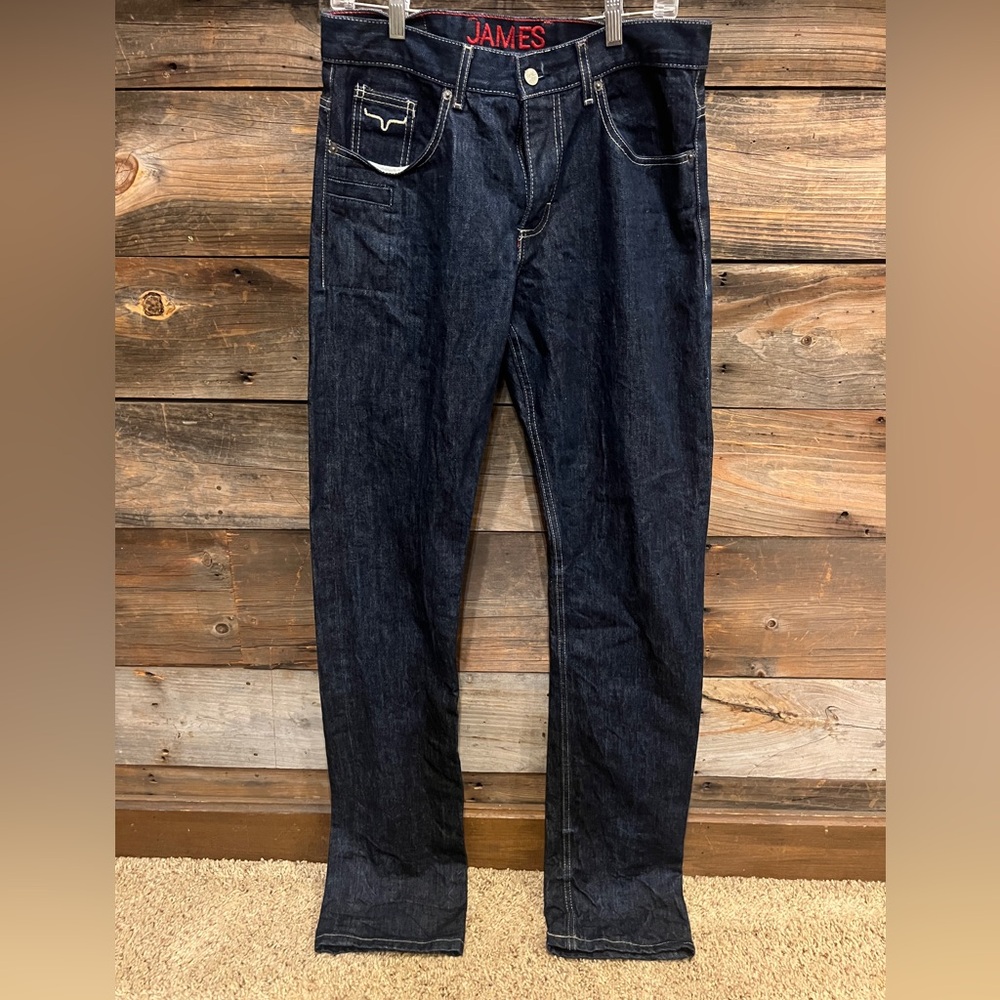 Dark denim James Kimes Ranch in a 32x38 men’s straight leg.